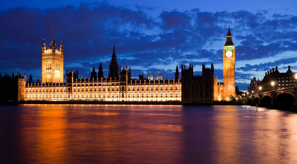Westminster Palace in London at night.