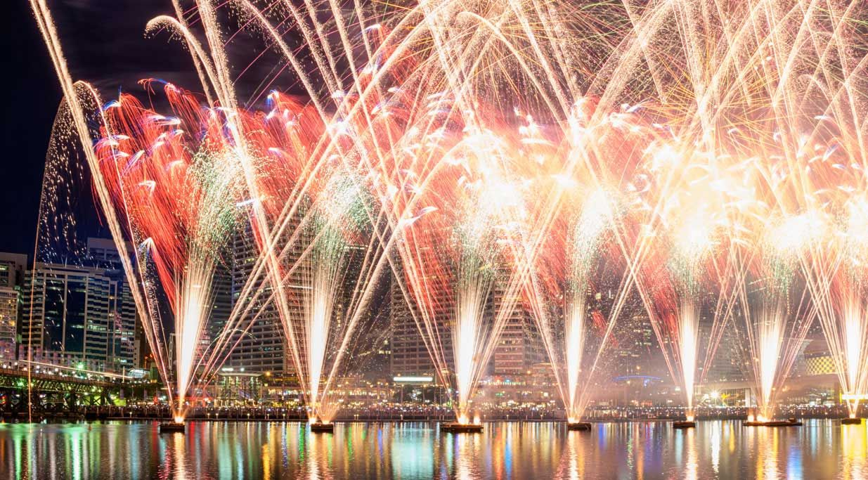 Fireworks going off in Sydney, Australia.